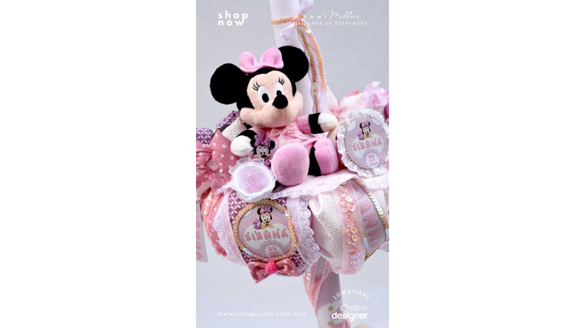 Lumanare cu Minnie Mouse Racer personalizata cu paiete roz si lila 4